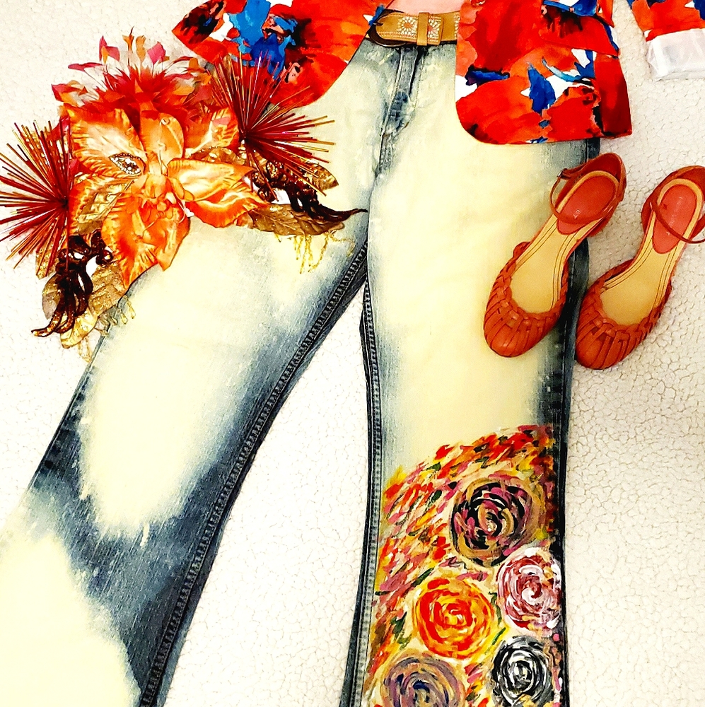 UpcycledHandcrafted Bootcut Painted Low Rise Jeans